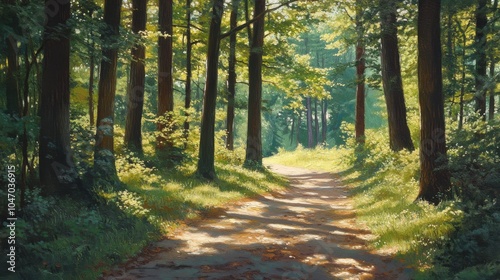 Forest path with dappled sunlight