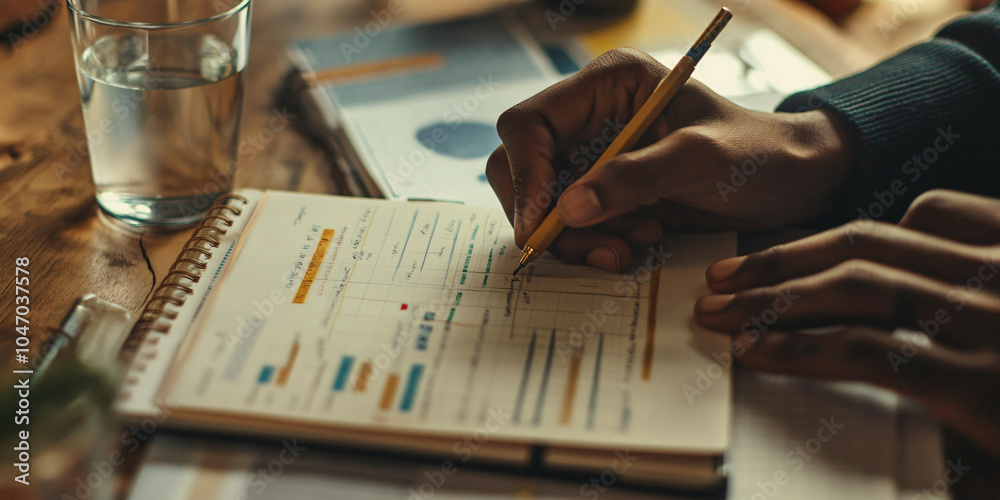 Financial plan: side view of hands writing financial goals in a notebook, with charts, documents, and a glass of water nearby. Financial plan: side view of hands writing financial goals in a notebook, with charts, documents, and a glass of water nearby.