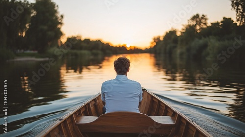 Senior executive reflecting on a peaceful boat ride through a scenic river enjoying the calm waters and natural surroundings Stock Photo with side copy space