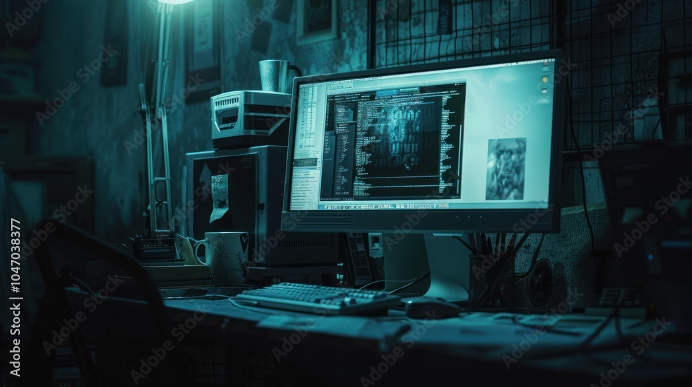 Fototapeta premium Computer Workstation in a Dark Room