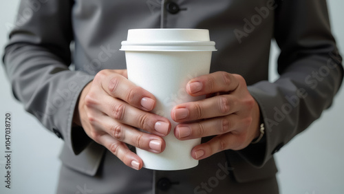 Man with manicure in his arms holding a white glass photo