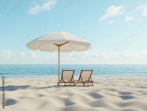 Leżak i parasol na piaszczystej słonecznej plaży