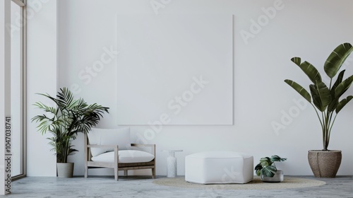 A minimalist and serene living room design accentuated by a white canvas backdrop, Simple yet stylish minimalist furniture, Zen-inspired style