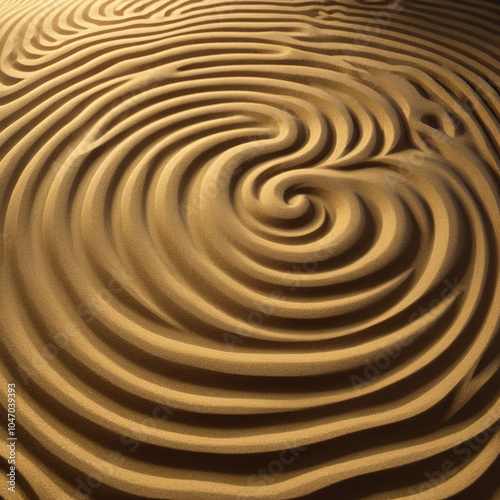 A closeup image of a textured surface resembling sand, forming concentric circles and a central swirl, creating an abstract and calming design.