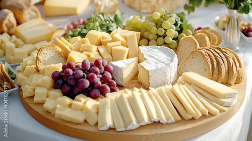 A beautifully arranged cheese board featuring a variety of cheeses—brie, gouda, cheddar—surrounded by grapes, nuts, and sliced baguette. The textures and colors create an elegant spread. photo