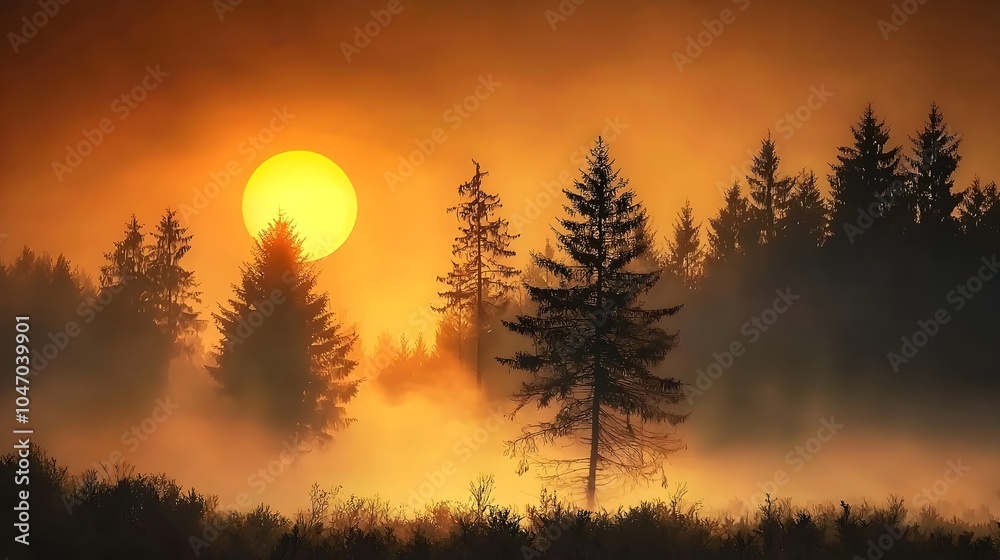 Fototapeta premium Dramatic landscape with the sun as a fiery orange disk emerging through the mist over a dense mysterious forest The misty atmospheric scene creates a serene and calming mood