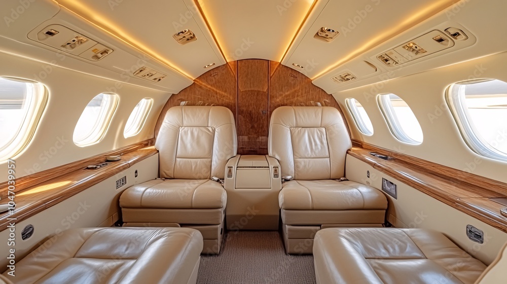 Fototapeta premium Senior executive enjoying a private jet experience with luxurious seating and gourmet refreshments during a relaxing flight Stock Photo with side copy space