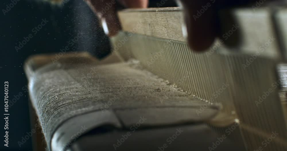 Super slow motion macro of artisan touching threads with flying dust or talc powder particles splashing around, while working with woven weaving machine to craft cloth piece in workshop at 1000 fps. 