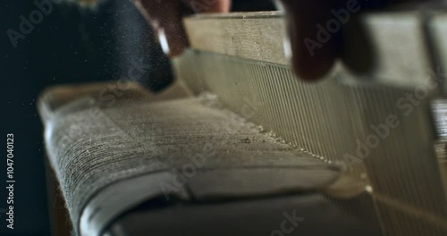 Super slow motion macro of artisan touching threads with flying dust or talc powder particles splashing around, while working with woven weaving machine to craft cloth piece in workshop at 1000 fps. 