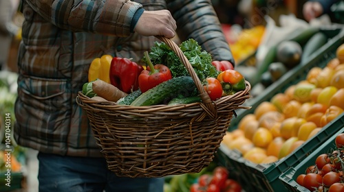 A man's hand holding a wicker basket filled with fresh vegetables at a market stall.