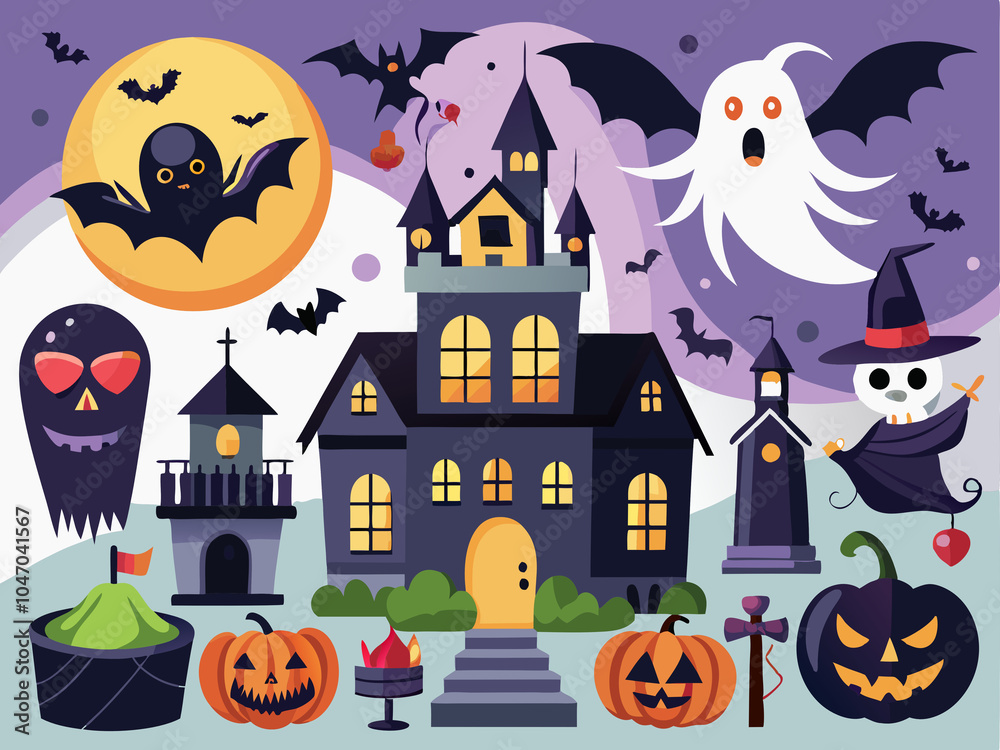 Halloween background with pumpkins, ghosts, bats and haunted house. Halloween background with pumpkins, ghosts, bats and haunted house.