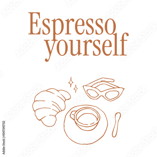 Breakfast concept. Coffee, croissant, glasses. Whimsical graphic for t-shirt print. Elegant hand-drawn line art illustration with text and elements in Parisian retro style.