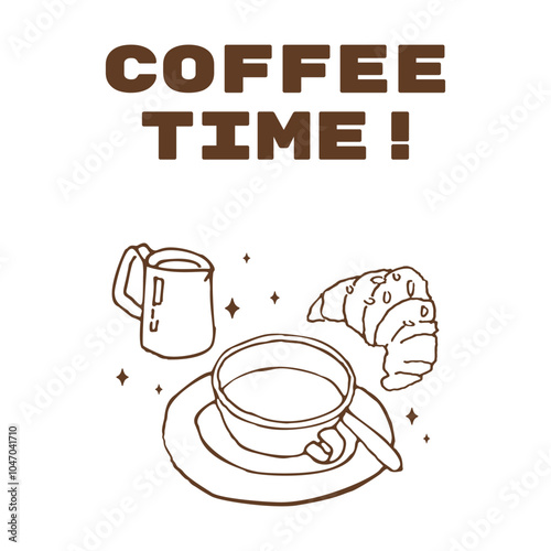 Parisian doodle graphic with coffee and croissant for t-shirt print. Hand-drawn line art illustration for wall art. Dolce Vita aesthetic.
