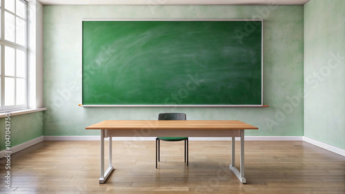 Green board isolated interior class room vintage classroom setting with a classic green chalkboard, wooden desks, and chairs, evoking memories of traditional education.