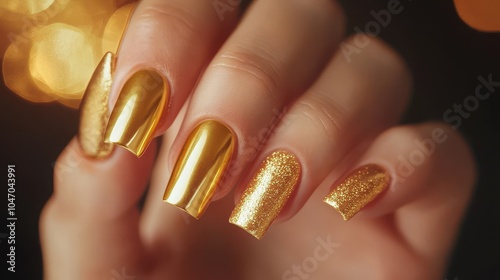 A close-up of a glamorous hand with golden nail polish reflects the luxurious atmosphere of a high-end beauty salon, showcasing professional design and contemporary trends in sophisticated style. photo