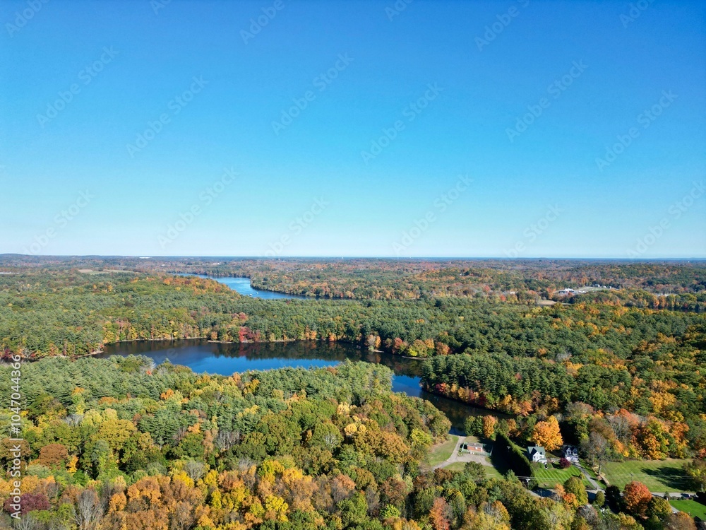 Aerial view of autumn forest and lake Aerial view of autumn forest and lake