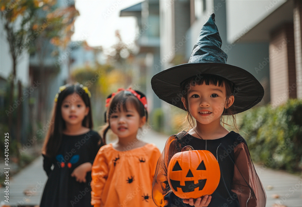 AI-generated photo with cute children in Halloween costumes. On an autumn street background AI-generated photo with cute children in Halloween costumes. On an autumn street background