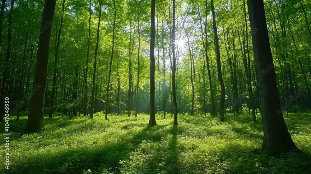 An unspoiled forest with towering, thick trees and sunlight filtering through the branches, creating gentle shadows on the ground.






