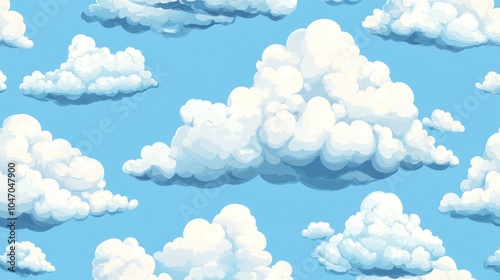 A seamless cloud pattern with fluffy, soft clouds on a clear, light blue sky.