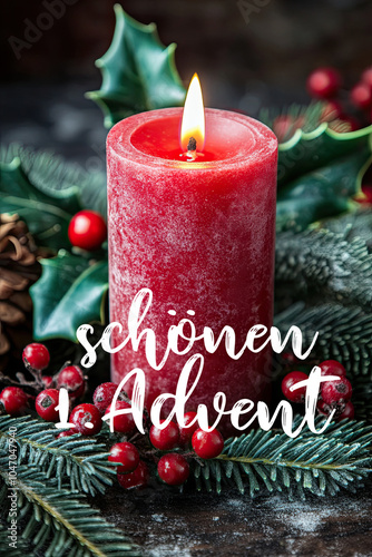 Photography of first Advent arrangement . The picture is supplemented with a handwritten lettering in German. The text says SCHÖNEN ERSTEN ADVENT, what means WISHING YOU A GREAT FIRST ADVENT