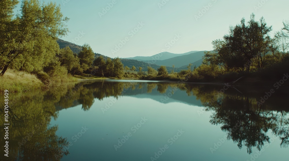 A serene lakeside view with still water reflecting the surrounding trees and mountains. A serene lakeside view with still water reflecting the surrounding trees and mountains.