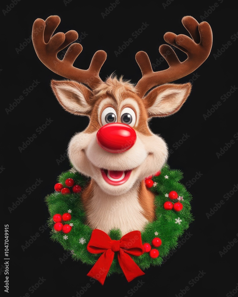 Cheerful cartoon reindeer with a festive wreath, set against a black background. Cheerful cartoon reindeer with a festive wreath, set against a black background.