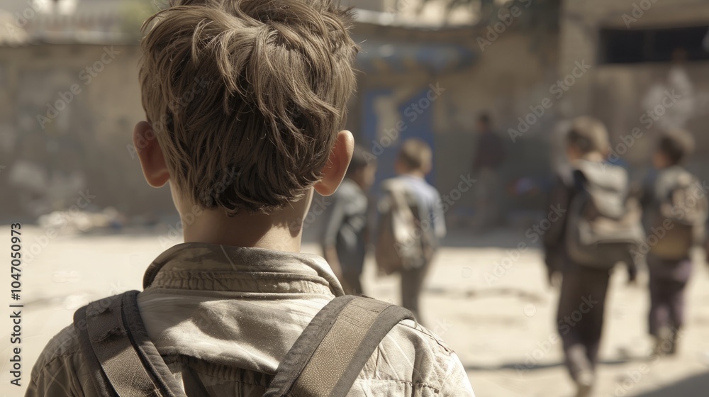 A young boy walks away from the camera, looking towards other children, in a dusty outdoor setting. A young boy walks away from the camera, looking towards other children, in a dusty outdoor setting.