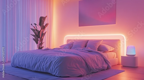 Cozy bedroom with soft lighting, modern decor, and a relaxing atmosphere. Perfect for promoting comfort and tranquility.