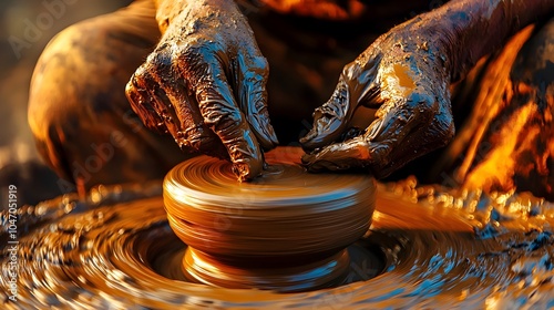 Skilled artisan s hands molding and shaping clay on a spinning pottery wheel in a creative workshop or studio showcasing the process of pottery making and ceramic craftsmanship photo