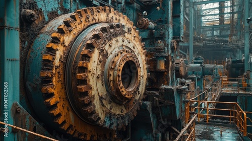 Detailed view of an industrial machine gear, showcasing intricate mechanisms and weathered textures.