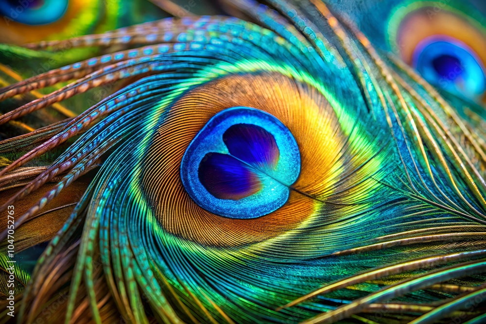 Obraz premium A close-up of vibrant peacock feathers showcasing mesmerizing patterns of blue, green, and gold, highlighting their intricate details and natural beauty.