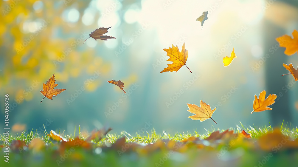 Autumn leaves gently falling, illuminated by soft sunlight, creating a ...
