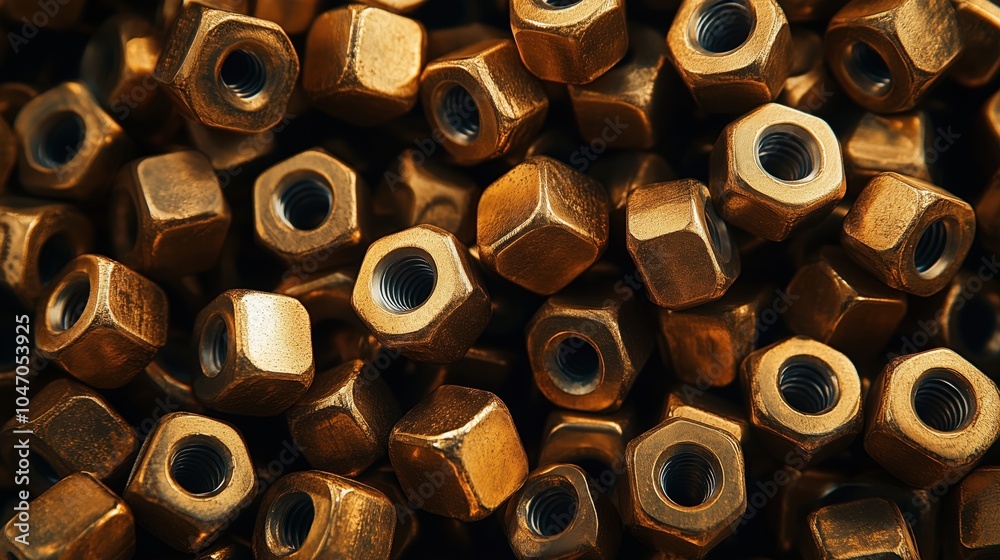 Heap of Copper Hex Nuts for Industrial Use. Close-up of a pile of copper hex nuts, representing essential fasteners in industrial and construction settings for mechanical assembly. Heap of Copper Hex Nuts for Industrial Use. Close-up of a pile of copper hex nuts, representing essential fasteners in industrial and construction settings for mechanical assembly.