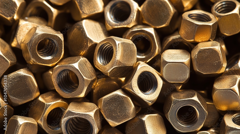 Stack of Copper Hex Nuts for Engineering Use. Close-up of copper hex nuts in a pile, focusing on the materials used in mechanical, industrial, and engineering applications. Stack of Copper Hex Nuts for Engineering Use. Close-up of copper hex nuts in a pile, focusing on the materials used in mechanical, industrial, and engineering applications.