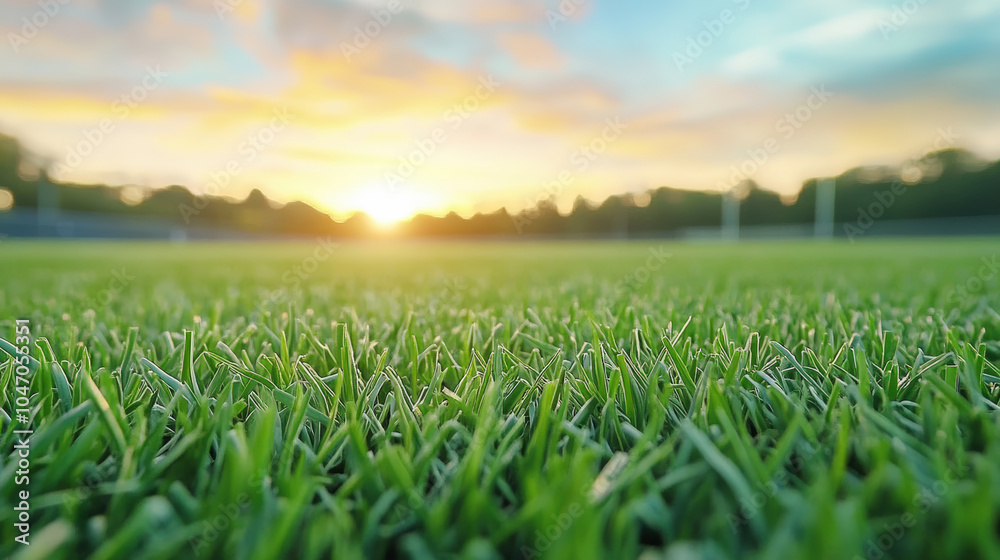 Close-up of lush green grass on a field, with a beautiful sunset in the background, creating a serene and tranquil atmosphere. Close-up of lush green grass on a field, with a beautiful sunset in the background, creating a serene and tranquil atmosphere.