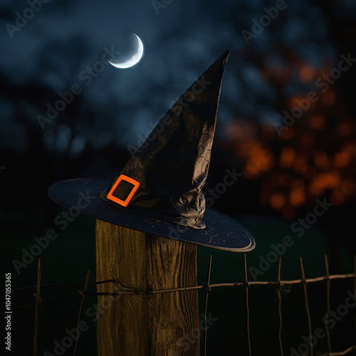 Halloween Day Enchanting Nightfall A Witch's Hat Resting Against a Rustic Fence Beneath a Crescent Moon in a Spellbinding Landscape photo