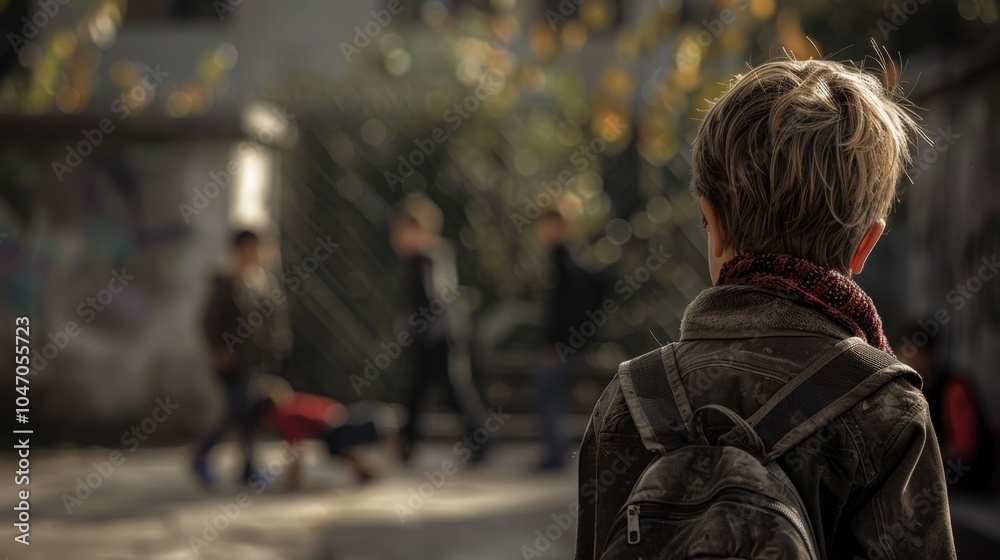 A young boy with short blond hair walks away from the camera, wearing a brown jacket and a red scarf. The image has a muted color palette and a slightly out-of-focus feel. A young boy with short blond hair walks away from the camera, wearing a brown jacket and a red scarf. The image has a muted color palette and a slightly out-of-focus feel.