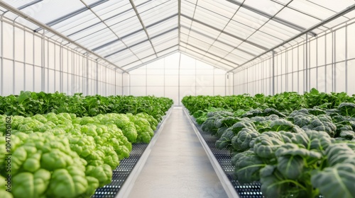 A spacious greenhouse showcasing vibrant green lettuce and leafy vegetables, thriving under natural light. photo