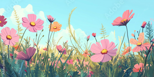 Cosmos plants with ferny foliage and flowers in a meadow, illustration art photo