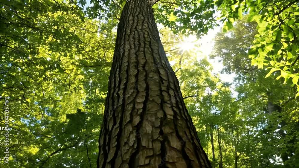 stunning view sunlight streaming leaves tall trees overhead beautiful morning Park large tree trunk prominently features captivating 4K footage forest light