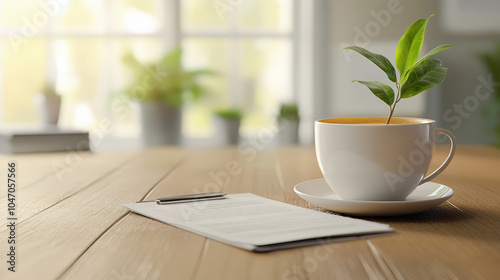 Wallpaper Mural A cup with a plant growing inside sits on a wooden table next to a clipboard, creating a serene, nature-inspired workspace scene. Torontodigital.ca