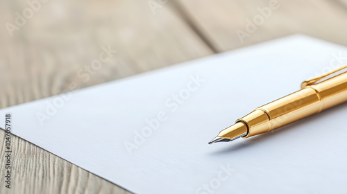 Wallpaper Mural A golden fountain pen rests elegantly on a blank sheet of paper, ready for writing. The wooden surface adds a warm, rustic touch. Torontodigital.ca
