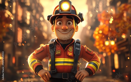 Dynamic cartoon fireman wearing a headlamp helmet and suspenders, exuding confidence while standing with hands on hips in a lively scene photo