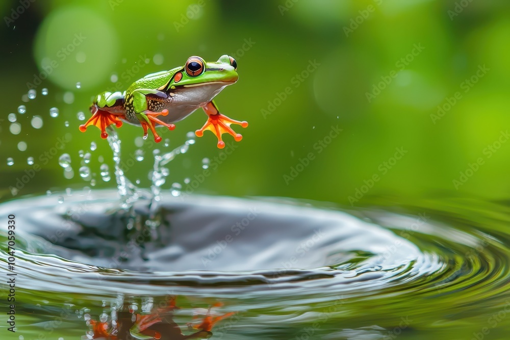 Naklejka premium Frog Leaping Across Water Pond with Ripples