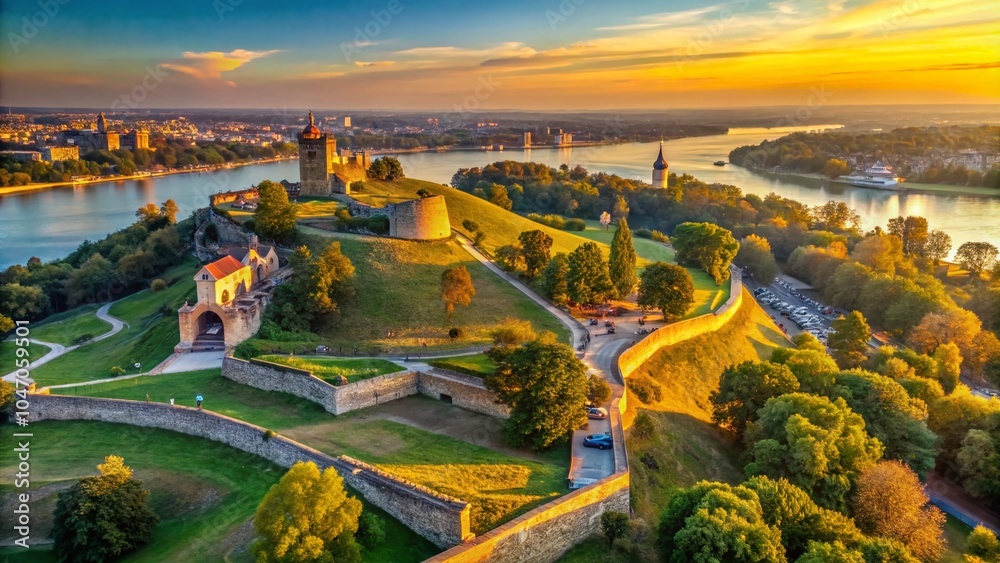 Obraz premium Aerial Cinematic View of Belgrade's Kalemegdan Fortress: Stunning Architectural Photography