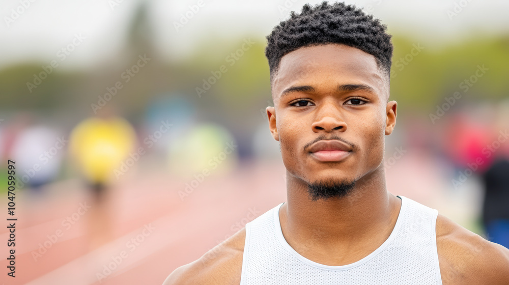 Fototapeta premium A young athlete stands on a track, wearing a white tank top, looking focused and ready for competition. The background is softly blurred.