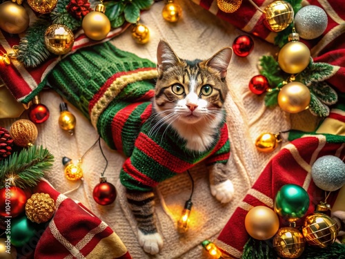 Aerial View of a Cat Dressed in a Cozy Christmas Sweater Surrounded by Festive Decorations