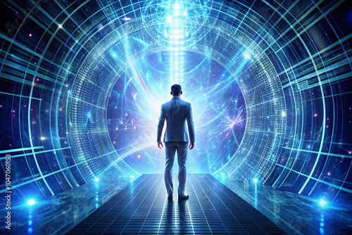 A human figure standing in a futuristic chamber, surrounded by digital energy fields