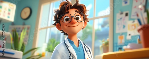 Endearing cartoon portrayal of a confident male doctor, surrounded by healthrelated symbols, exuding readiness to help in a colorful clinic scene photo