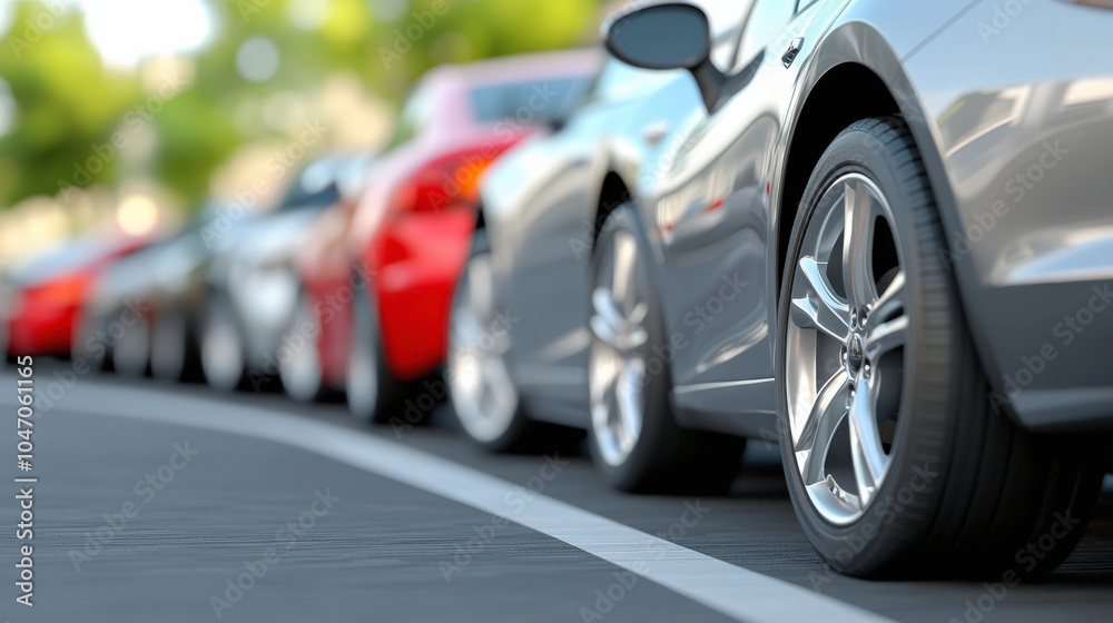 A row of parked cars lines a street, reflecting sunlight. The focus is on the shiny, sleek wheels and polished car surfaces. A row of parked cars lines a street, reflecting sunlight. The focus is on the shiny, sleek wheels and polished car surfaces.